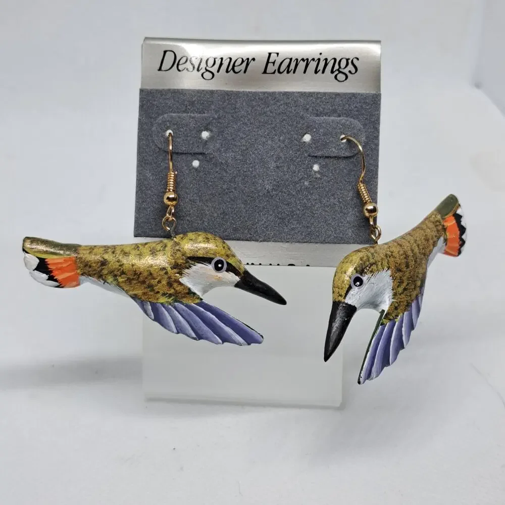 80's Handmade Handpainted Flying Hummingbird Dangle pierced earrings - Picture 4 of 8